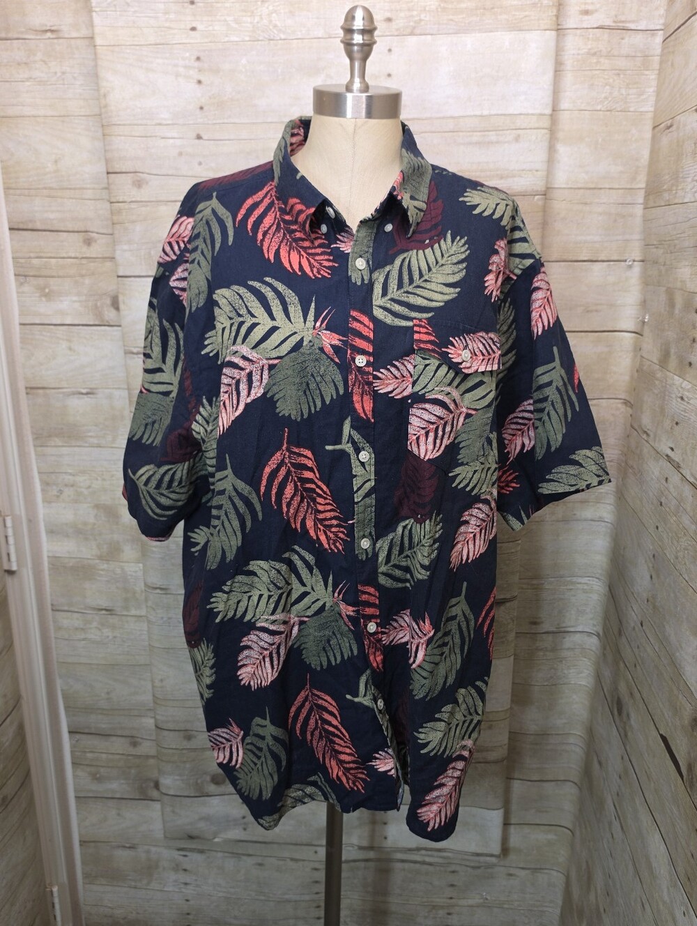Old Navy Navy Button-Up Shirt with Green and Coral Leaf Print